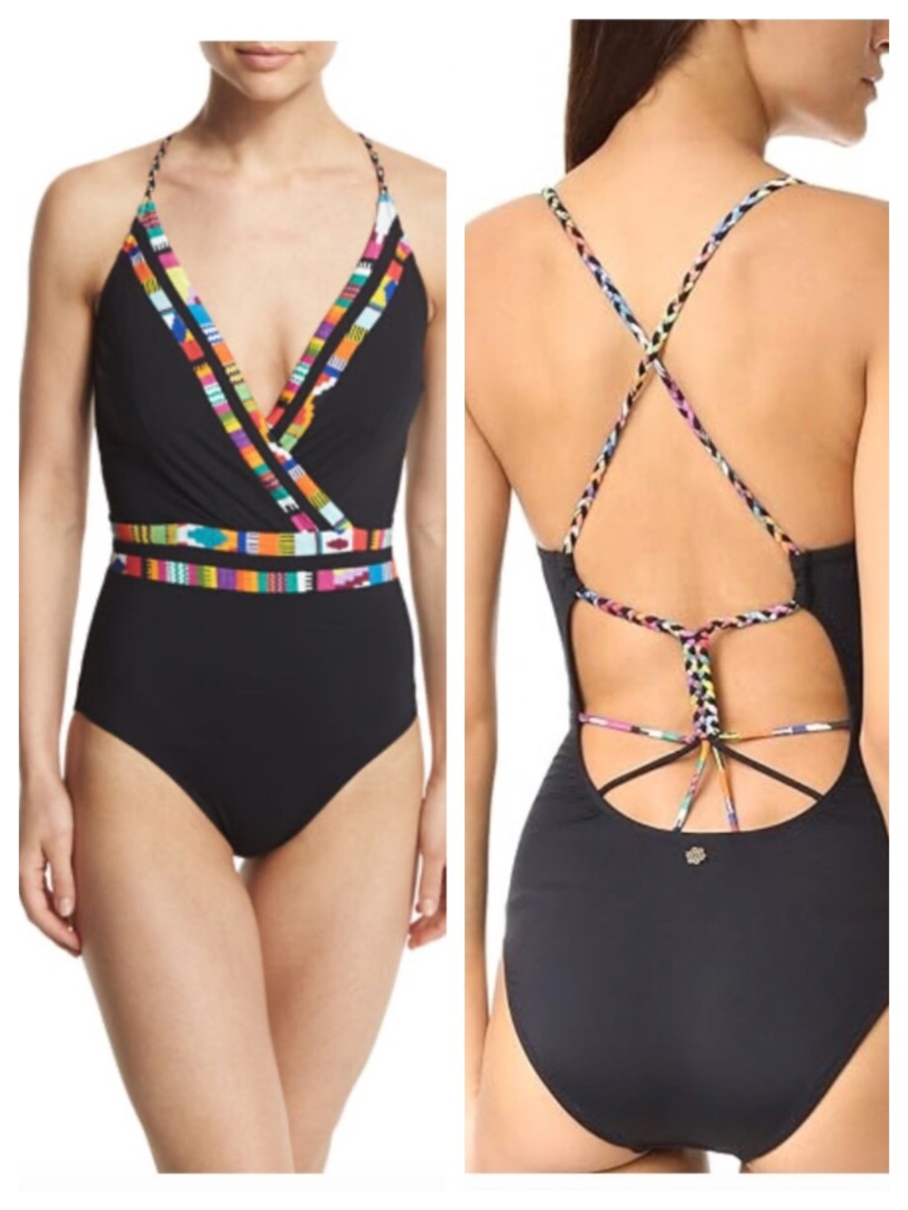 Nanette Lepore Mambo Sz Medium 8 10 Swimsuit One Pc. Black Rainbow Trim Strappy